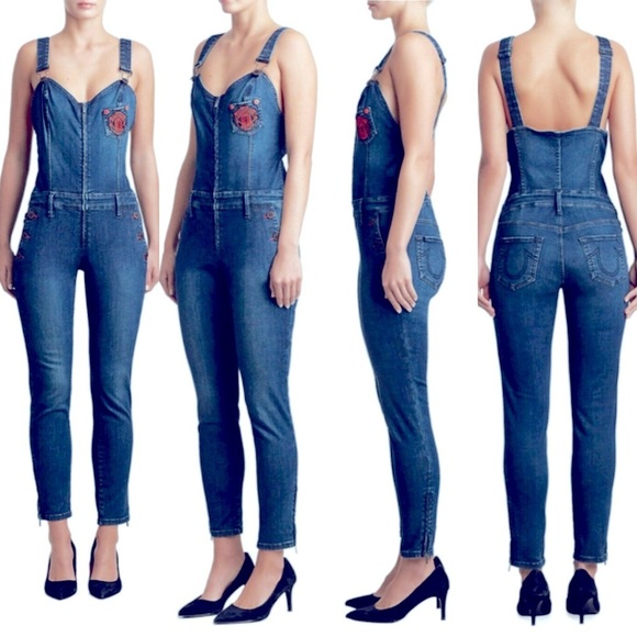 True Religion Women's X Manchester United Skinny Stretch Denim Overall Jumpsuit - Picture 9 of 15